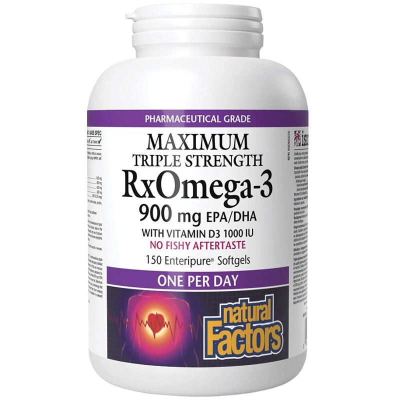 Natural Factors RxOmega-3 with Vitamin D3 Maximum Triple Strength 900 mg, 150 Softgels